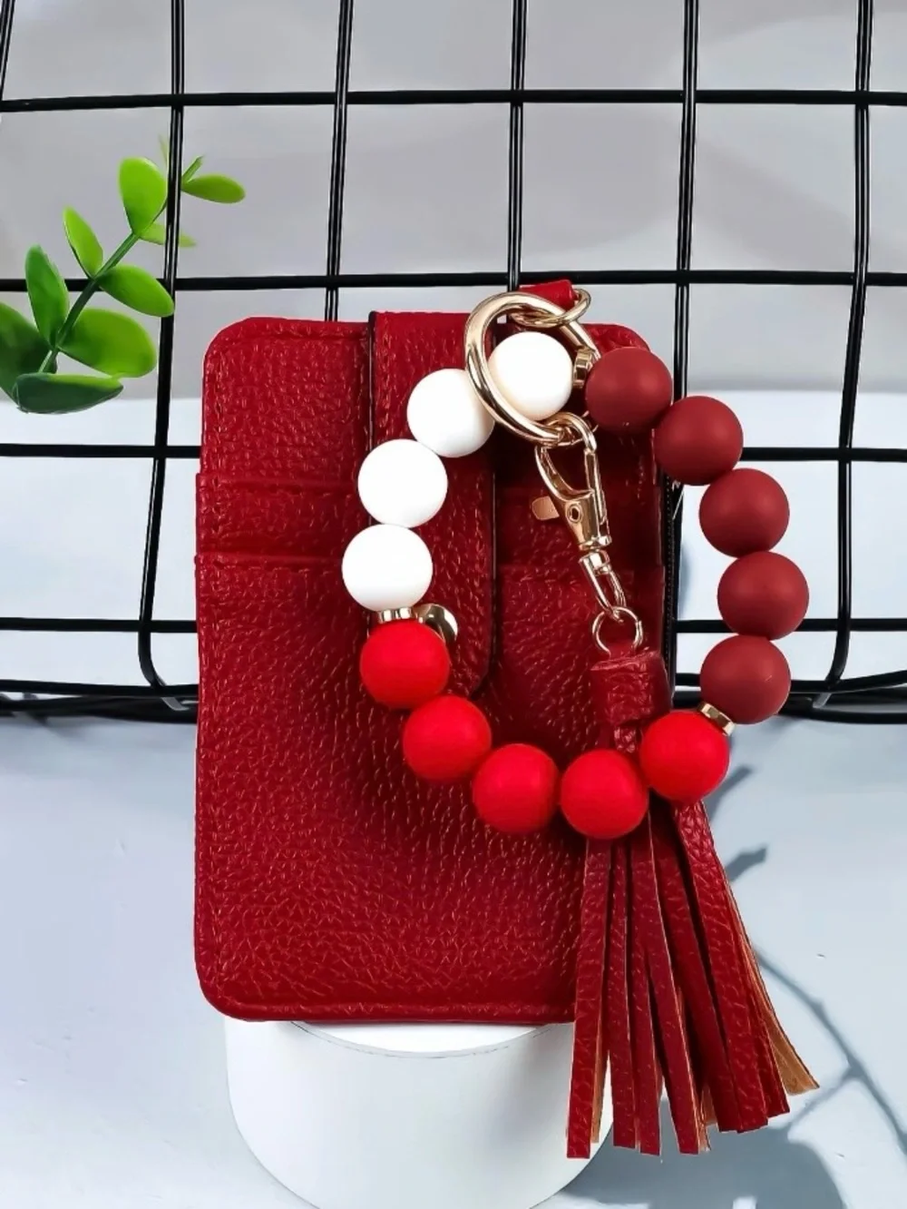 Red Beaded Wristlet Keychain with Tassel